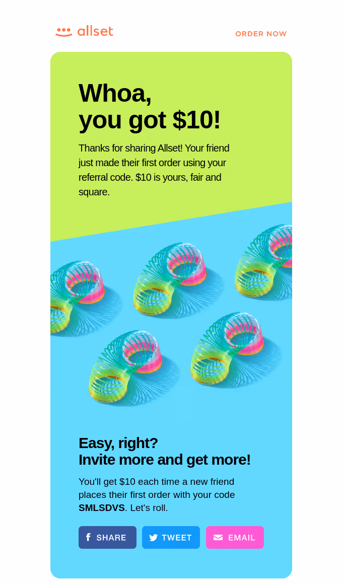 A referral reward email from Allset notifying the user they earned $10 for a friend’s first order, encouraging them to invite more friends using a unique referral code.