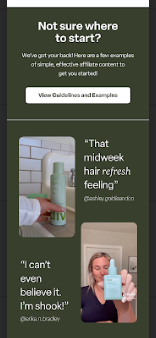 A Divi affiliate email section showing examples of effective user-generated content. The visuals include creators holding Divi hair products with quotes like “That midweek hair refresh feeling” and “I can’t even believe it. I’m shook!”