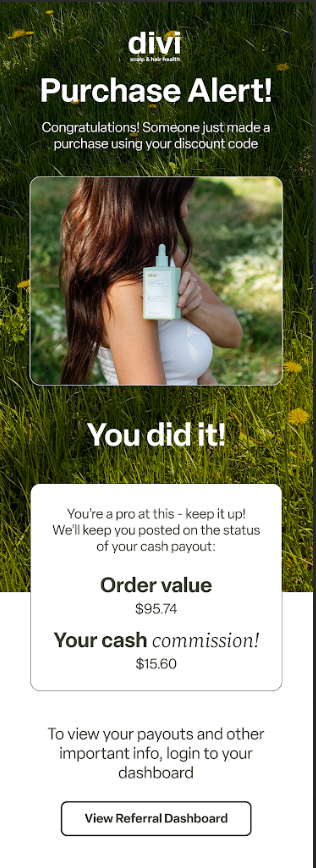 A Divi affiliate email congratulating the user on a sale made with their discount code, displaying order value ($95.74) and cash commission ($15.60).