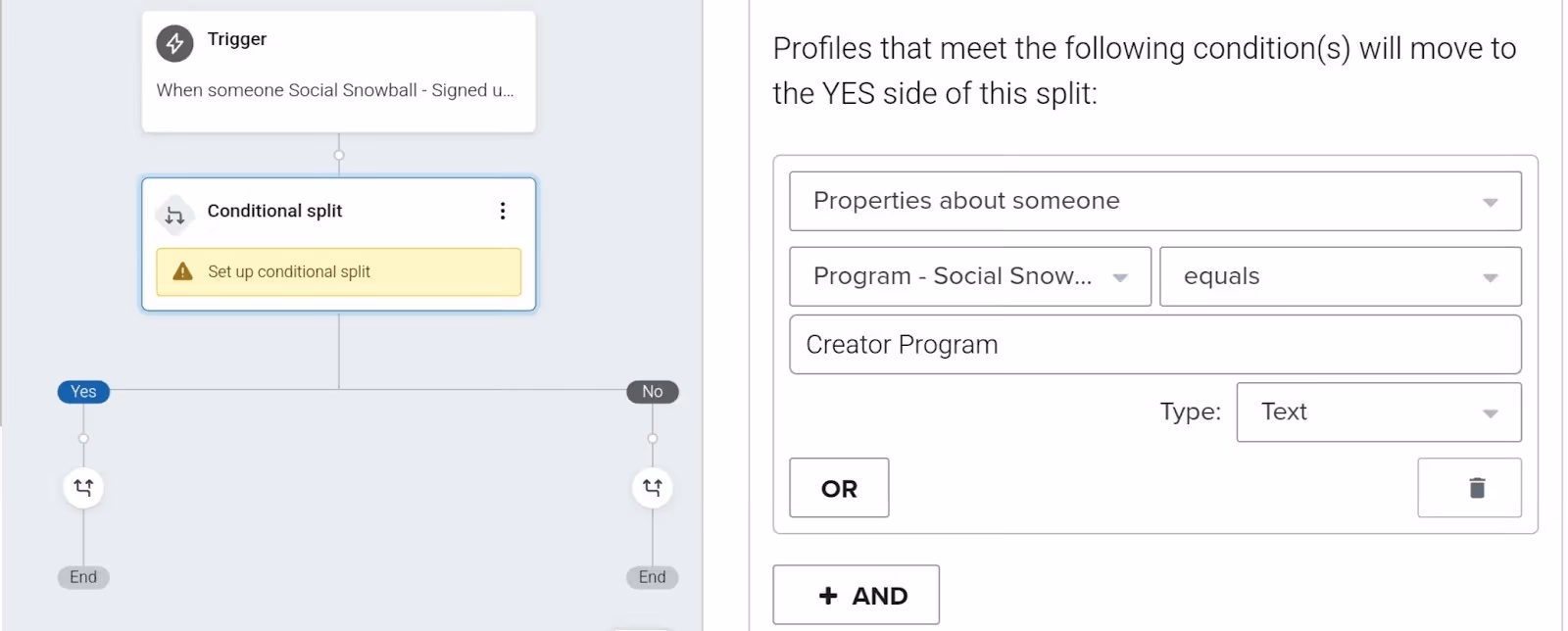A Klaviyo flow editor screenshot showing a conditional split setup where affiliates in the “Creator Program” follow one email path, while others follow a different path.