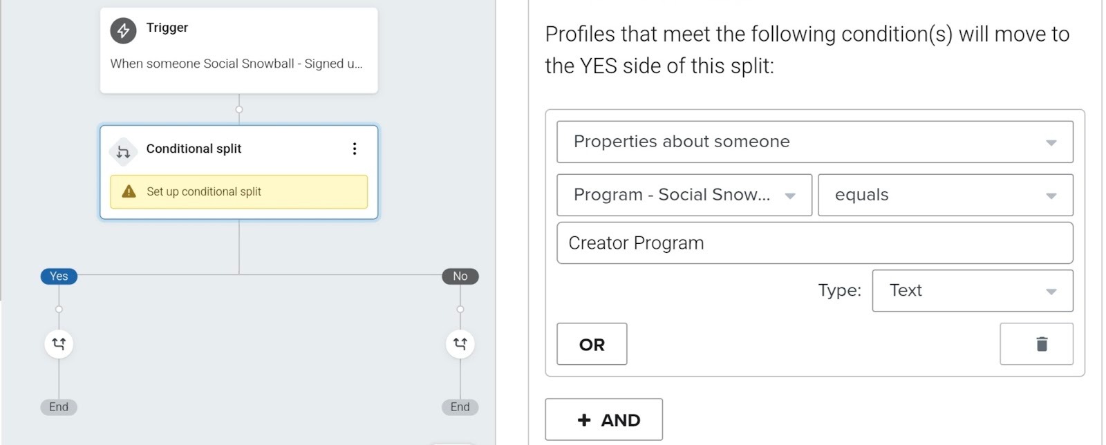 A Klaviyo flow editor screenshot showing a conditional split setup where affiliates in the “Creator Program” follow one email path, while others follow a different path.