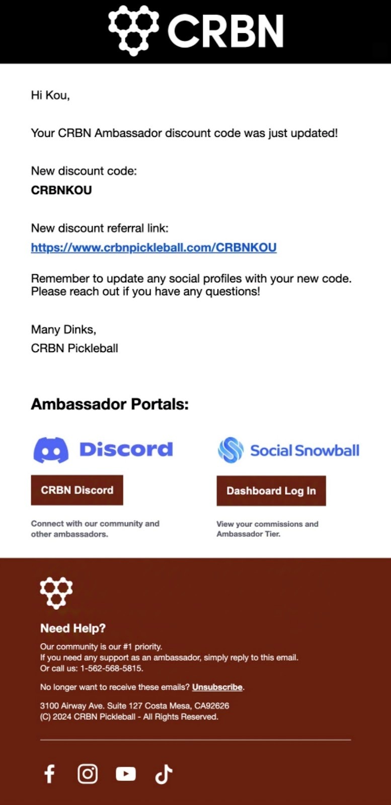 A CRBN Pickleball email notifying an ambassador that their discount code and referral link have been updated, with links to the brand’s Discord and dashboard portals.