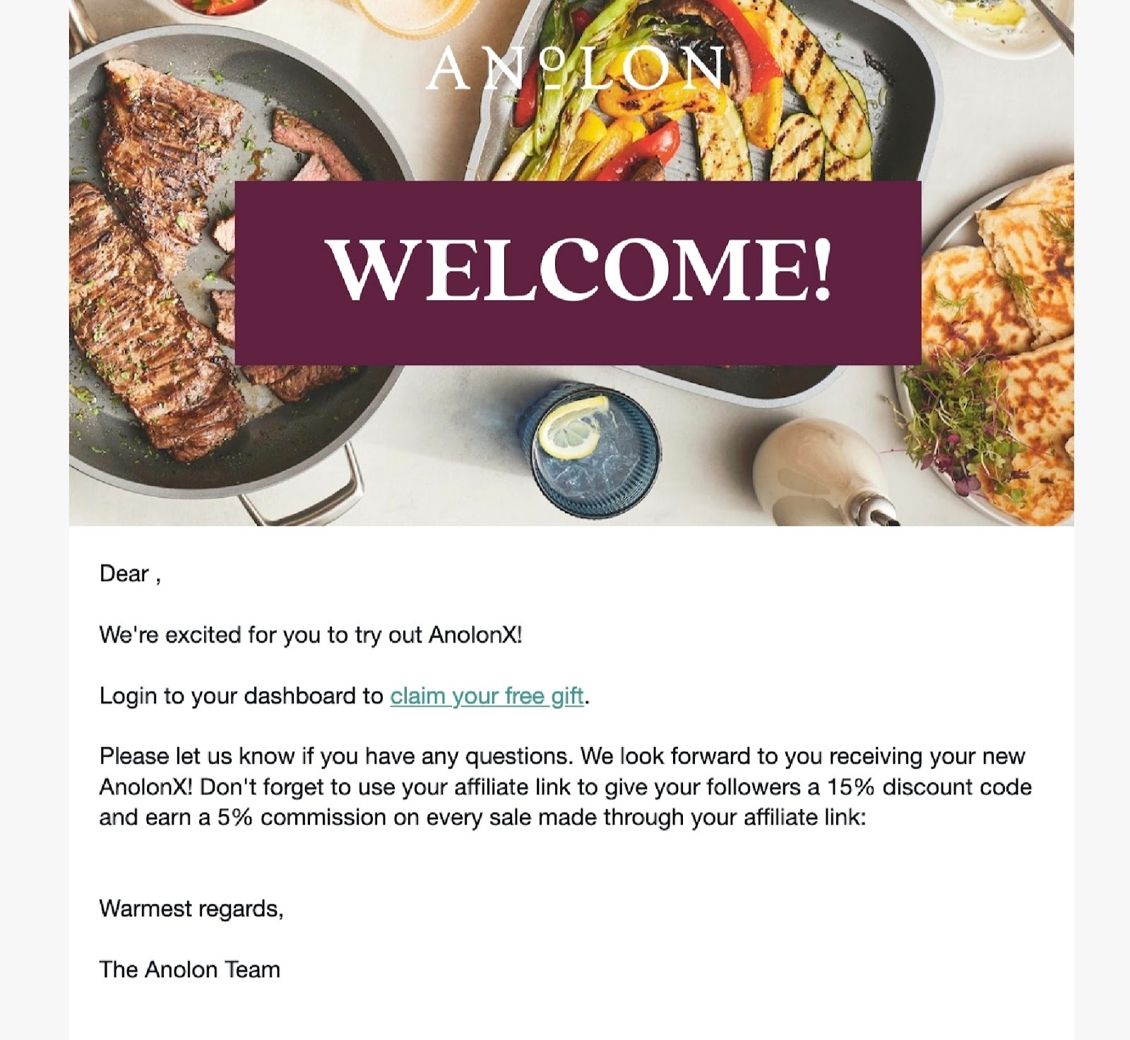 : A welcome email from Anolon inviting a new affiliate to claim their free gift and reminding them to share their 15% discount code to earn 5% commission on each sale.