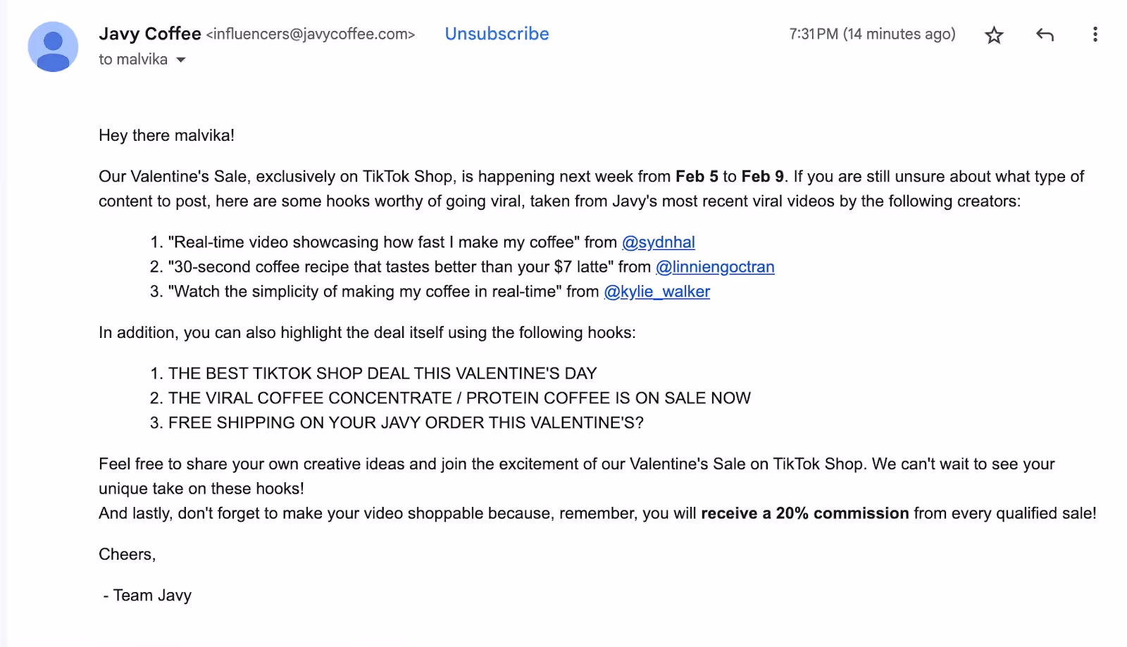 A Javy Coffee affiliate email sharing Valentine’s campaign details. The email lists TikTok video hook ideas from top creators and highlights a 20% commission for each sale during the campaign.
