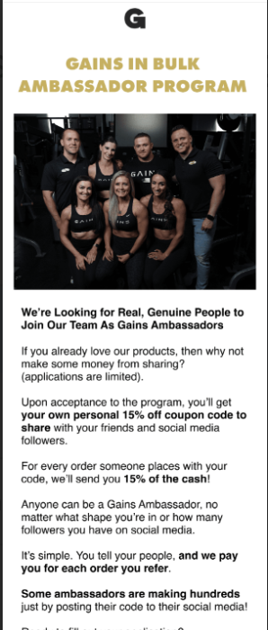 A promotional email from Gains in Bulk inviting customers to join their ambassador program. The message highlights a 15% off coupon code for affiliates to share and a 15% cash commission on every referral order.