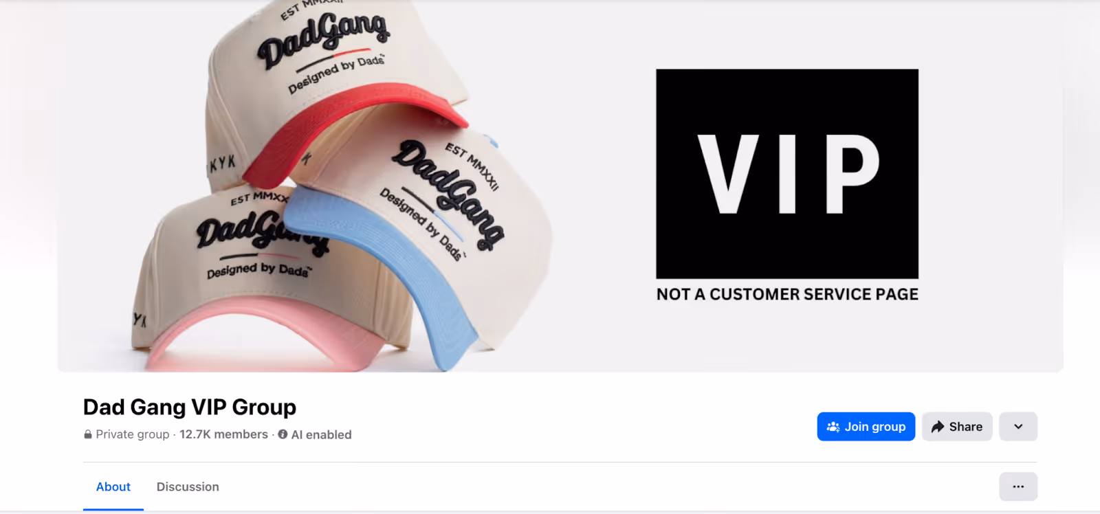 Screenshot of DadGang VIP Facebook group for fathers, highlighting community discussions and engagement among brand supporters.