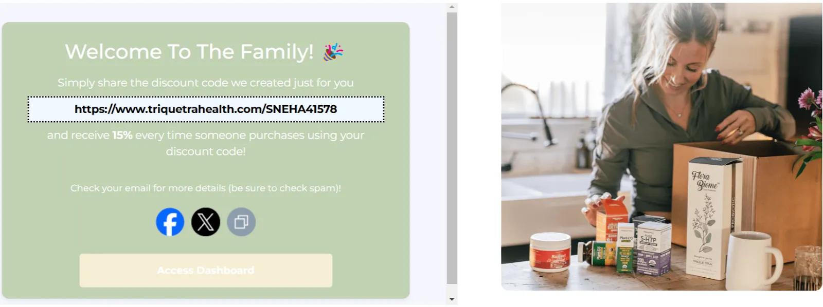 Triquetra Health affiliate dashboard created through Social Snowball showing personalized referral link and 15% commission offer.