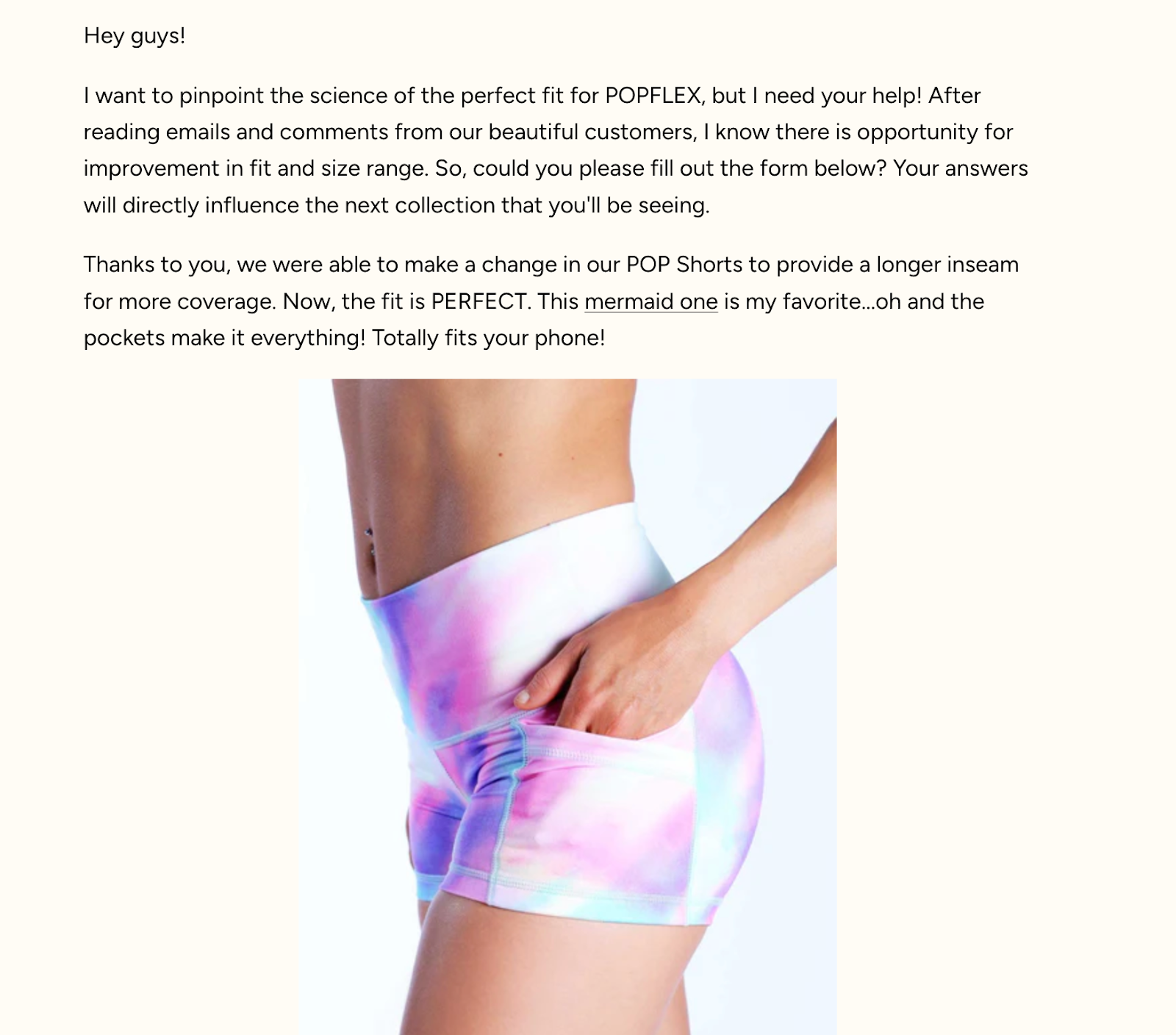 Popflex post asking customers to share feedback on product fit and design, showing community involvement in shaping the next collection.