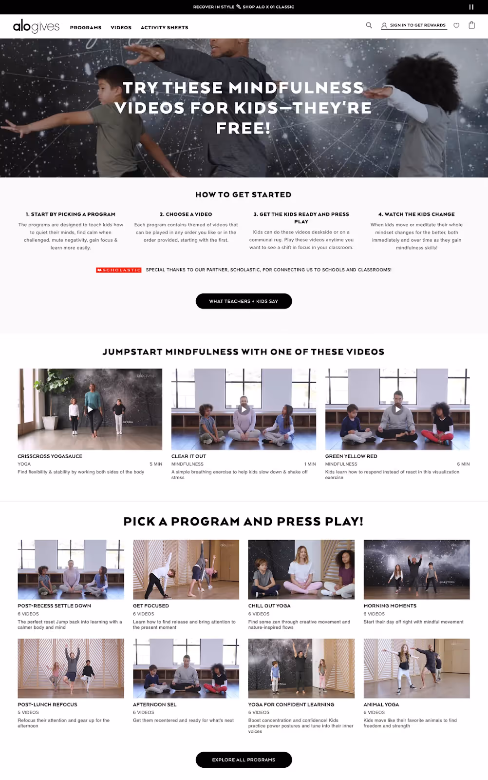 Alo Yoga’s AloGives page displaying free mindfulness and yoga videos for kids, promoting wellness and emotional learning.