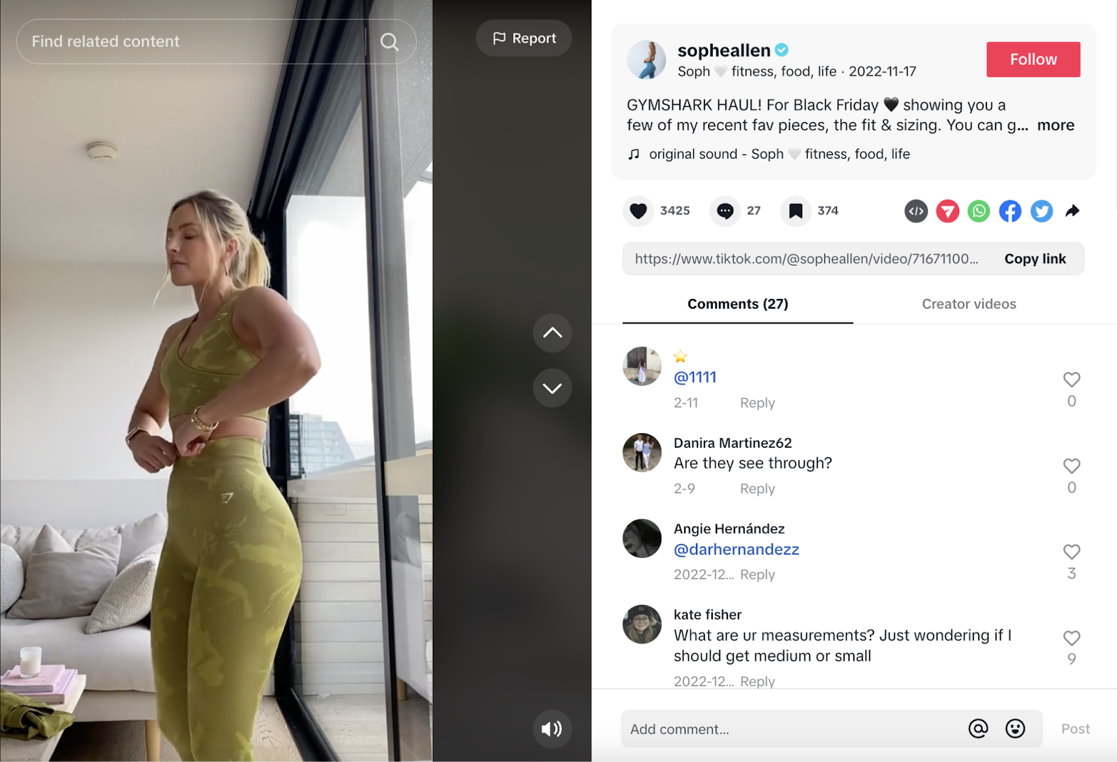 TikTok creator try-on video with audience comments asking fit and sizing questions