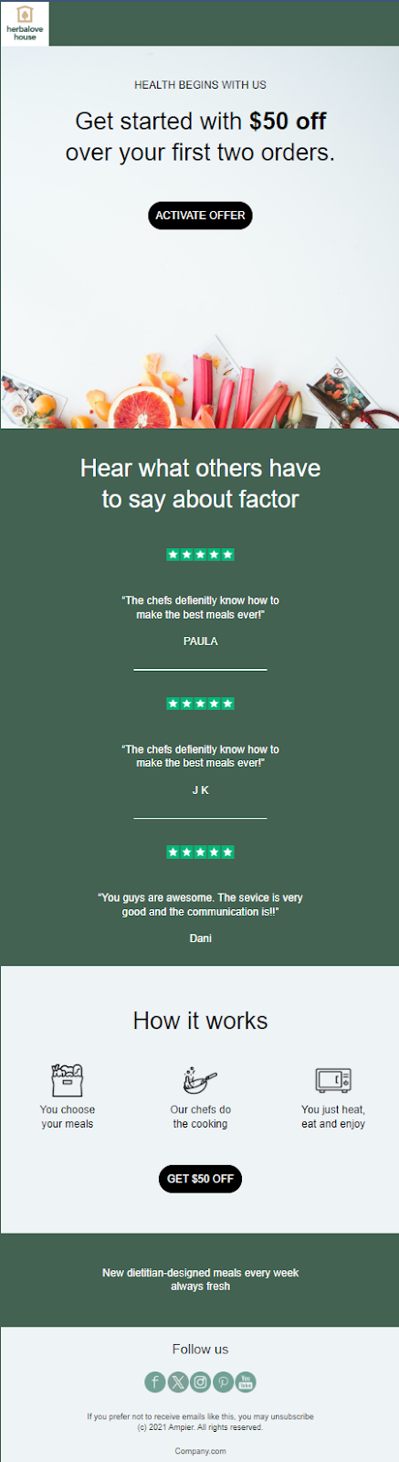 Promotional email highlighting customer testimonials alongside a first-time purchase discount