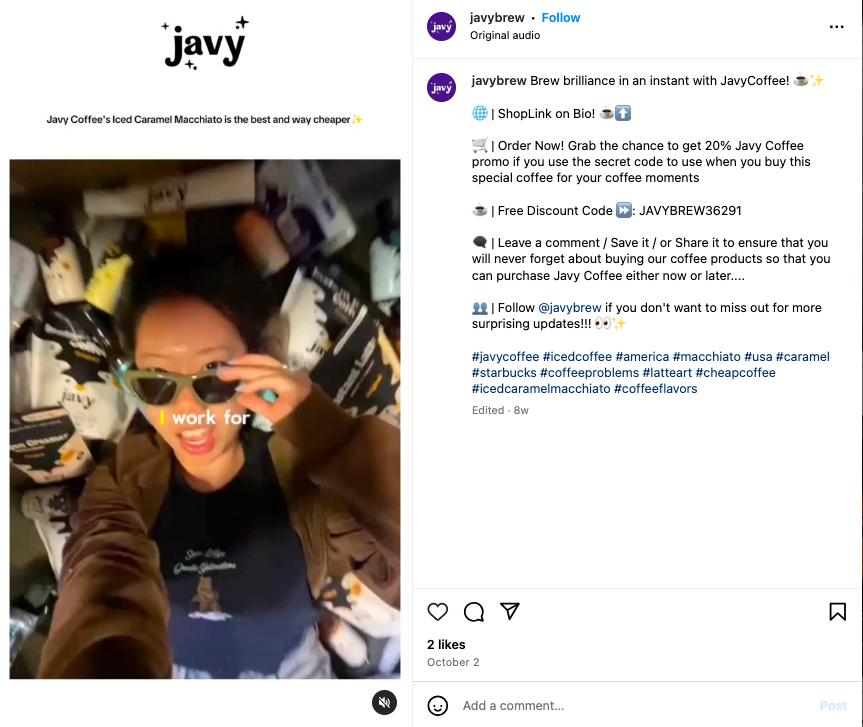 Instagram user-generated video promoting iced caramel macchiato with affiliate discount code in caption