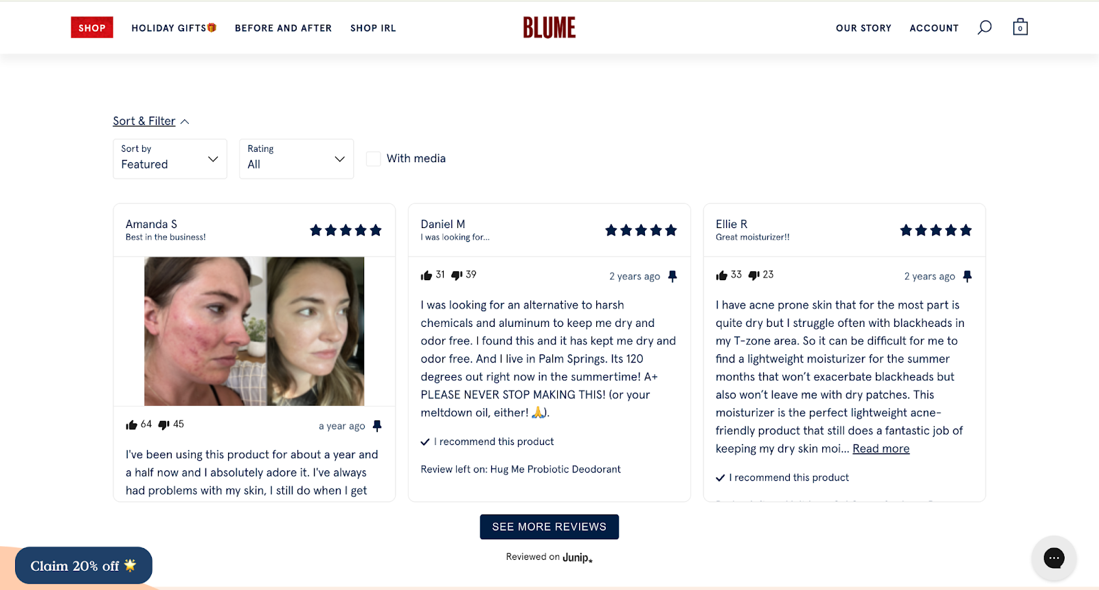Customer reviews featuring before-and-after photos demonstrating real product results
