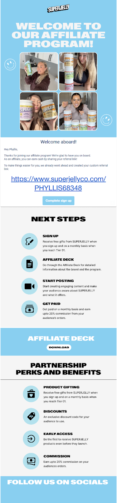 Affiliate welcome email displaying creator-generated product photos and onboarding message