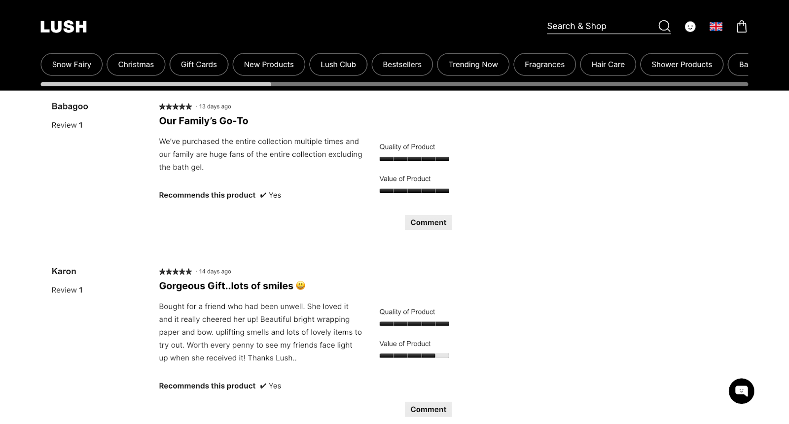 Ecommerce product reviews page showing star ratings, written feedback, and recommendation indicators