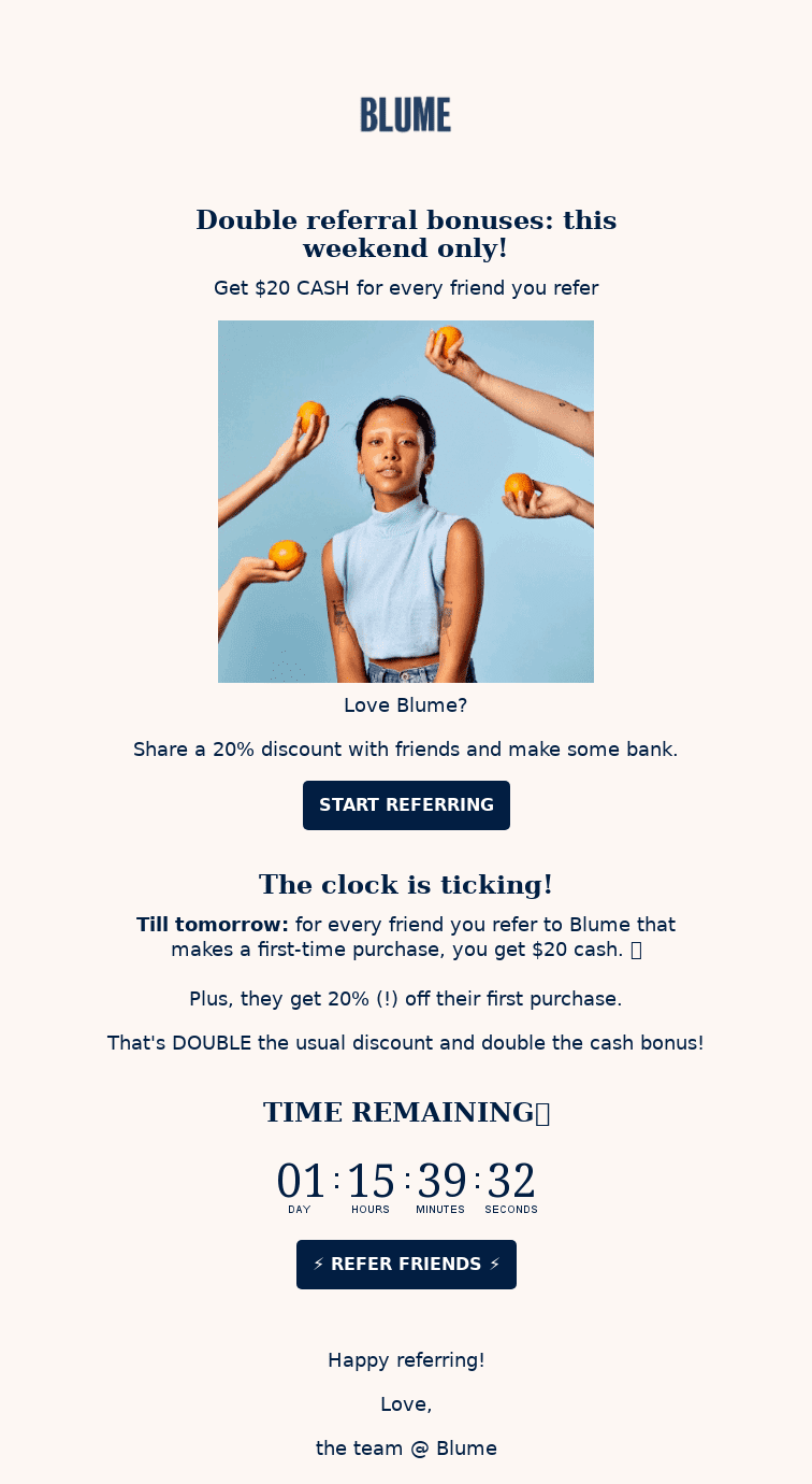 Referral email encouraging customers to share a discount with friends using limited-time cash rewards