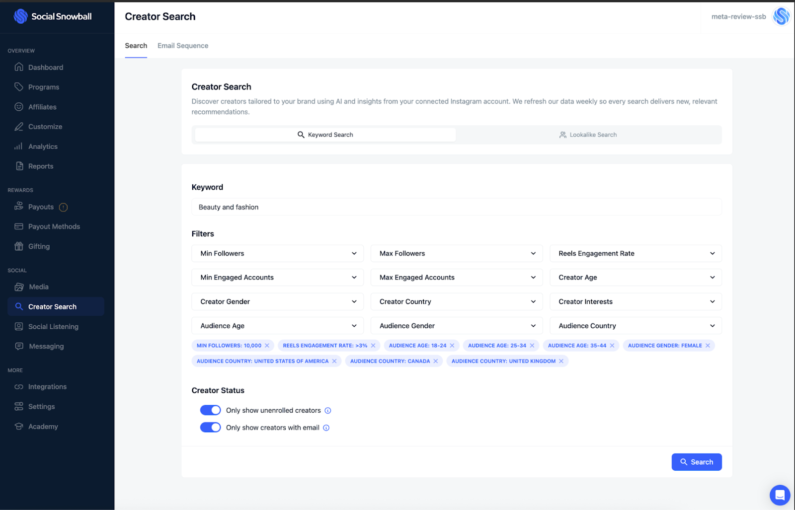 Social Snowball Creator Search interface displaying keyword-based creator discovery with filters for followers, engagement rate, audience age, and country.