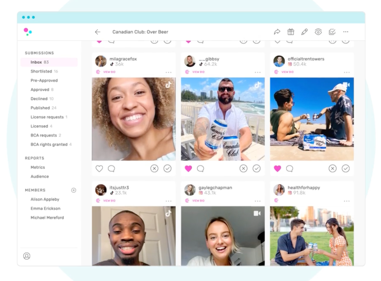 TRIBE's campaign-based creator submission inbox showing shortlisted, approved, and published creator content with engagement controls.