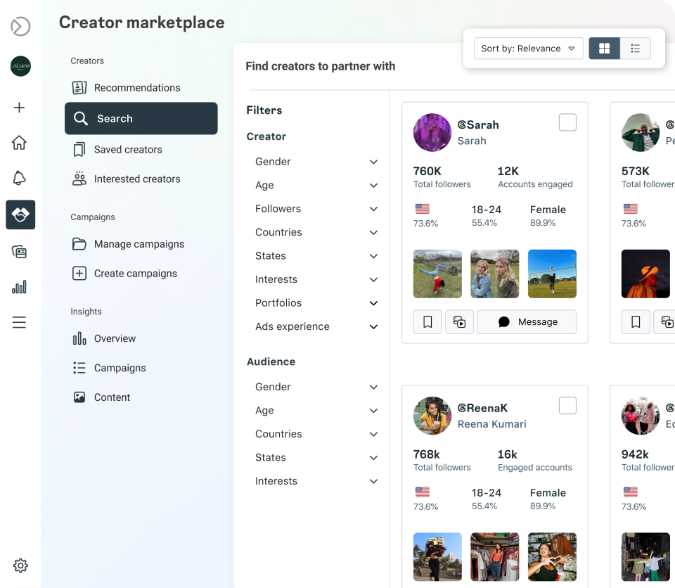 Creator marketplace dashboard showing creator search results with filters for gender, age, followers, location, interests, and audience demographics.