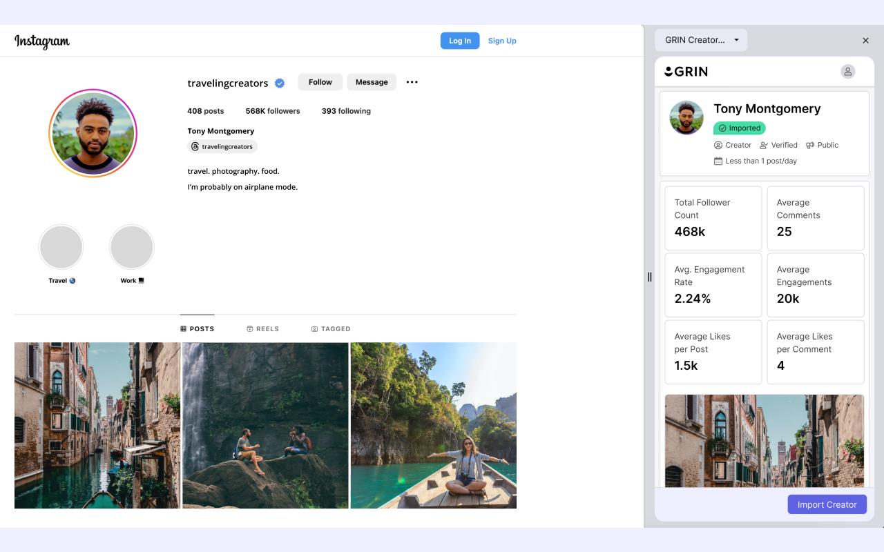 GRIN creator profile view displaying Instagram analytics, follower count, engagement rate, average likes, and creator import options.
