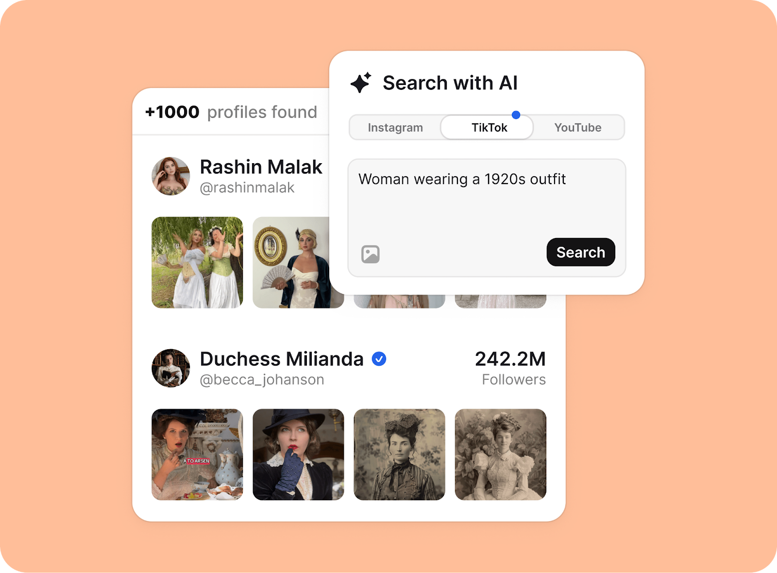 Modash's AI-powered creator search interface allowing keyword-based discovery across TikTok, Instagram, and YouTube.
