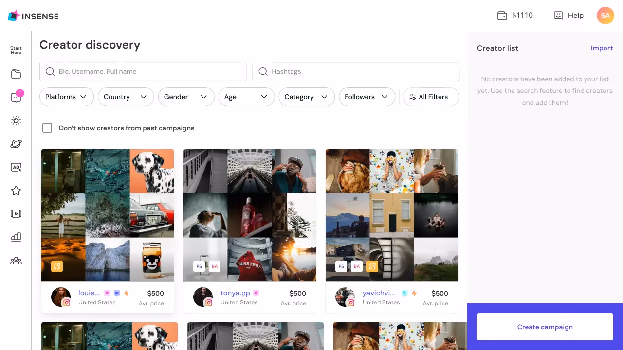 Screenshot of Insense's influencer discovery dashboard