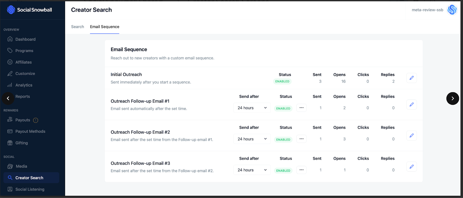 Social Snowball automated email outreach sequence view showing multi-step follow-ups with open, click, and reply tracking.