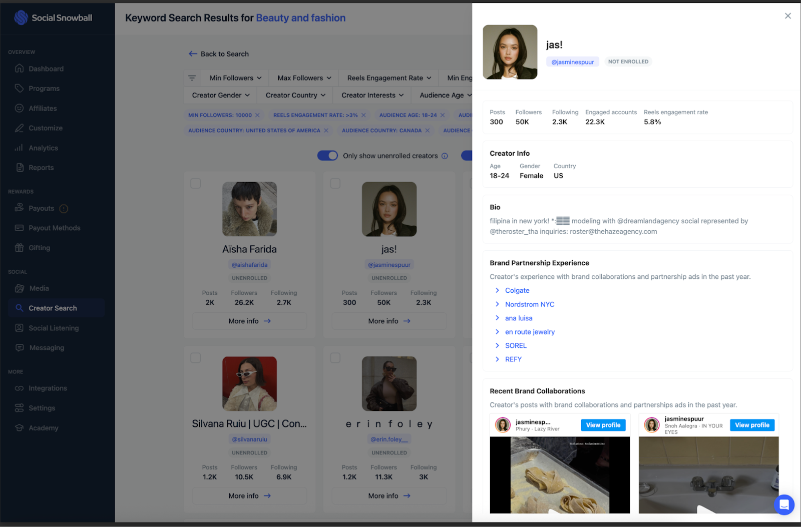 Social Snowball Creator Search results panel with detailed creator profile, audience demographics, brand partnership history, and recent sponsored posts.