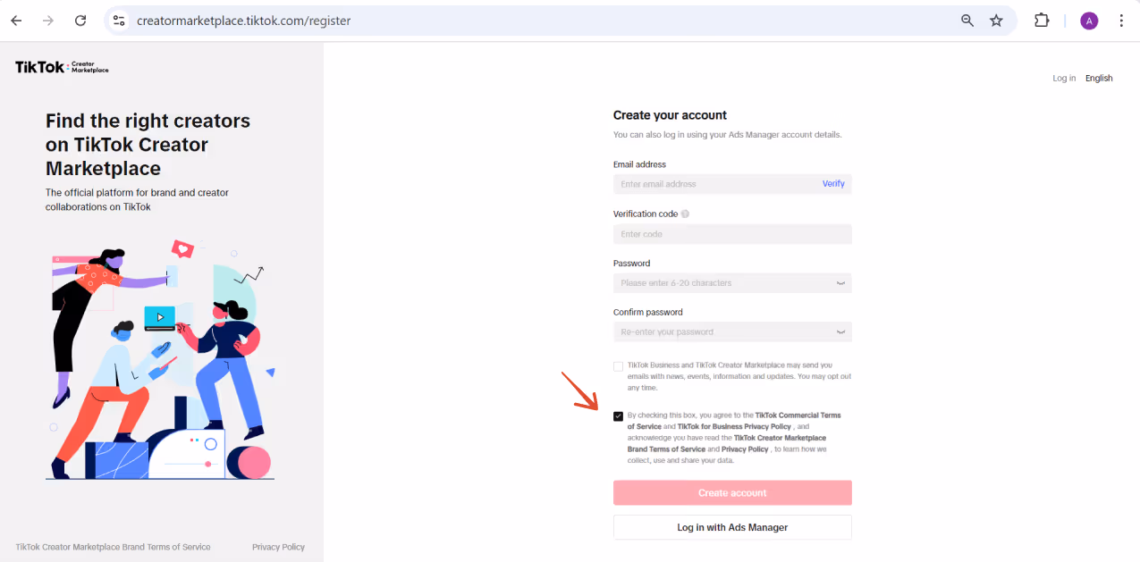 TikTok Creator Marketplace account signup page for brands creating a verified business account
