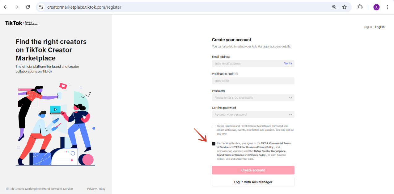 TikTok Creator Marketplace account signup page for brands creating a verified business account