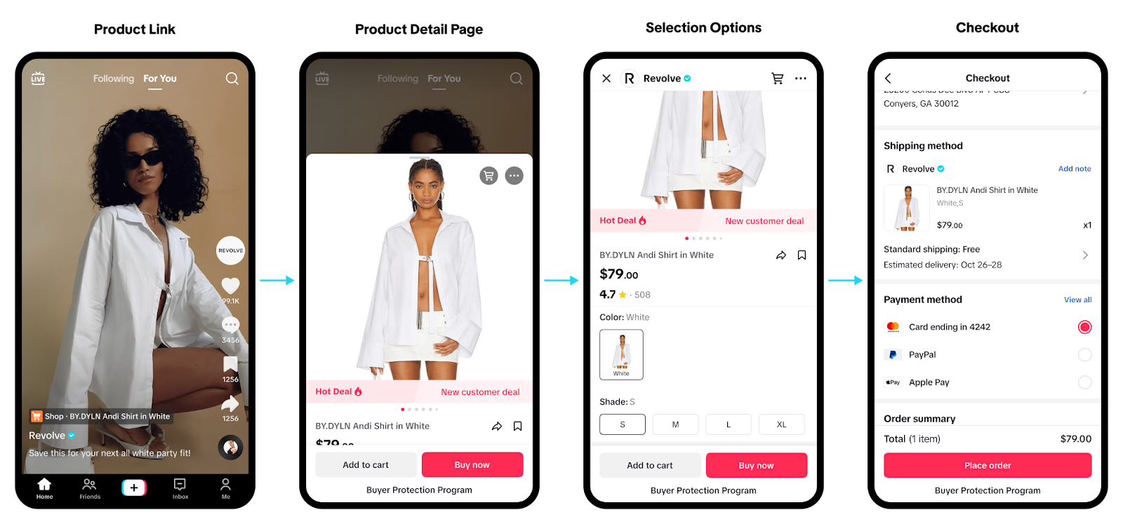 TikTok Shop checkout flow showing product link, product detail page, selection options, and in-app checkout