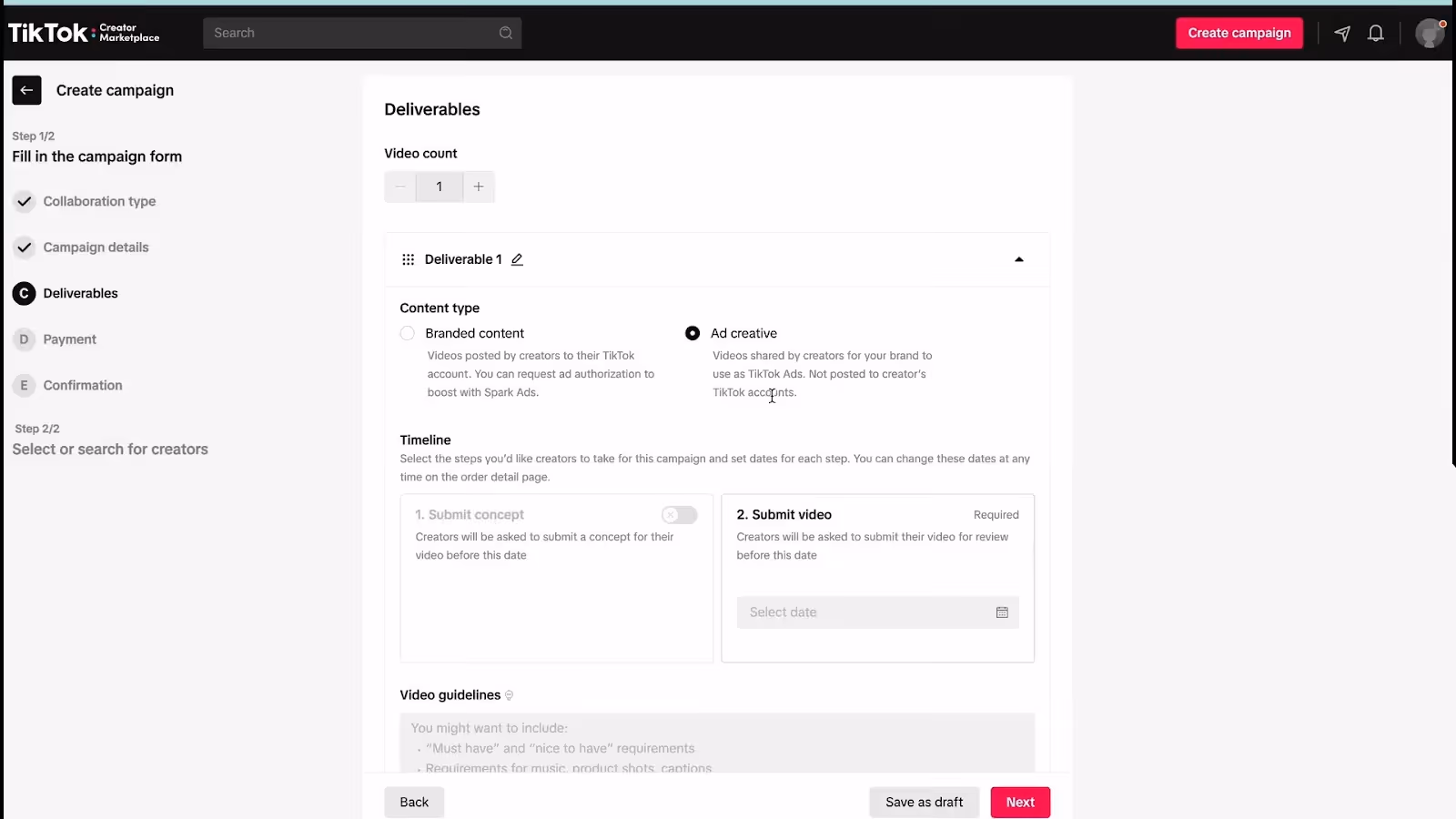 TikTok Creator Marketplace campaign creation screen showing deliverables, timelines, and content type selection