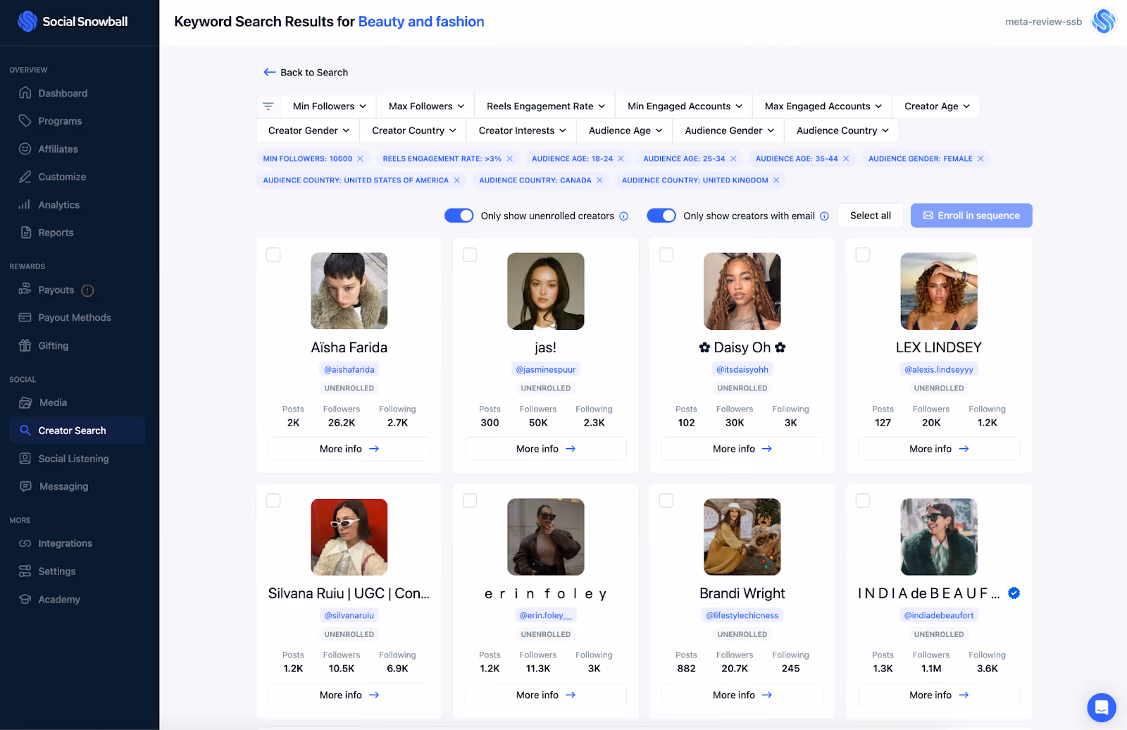 Screenshot of Social Snowball Creator Search Dashboard