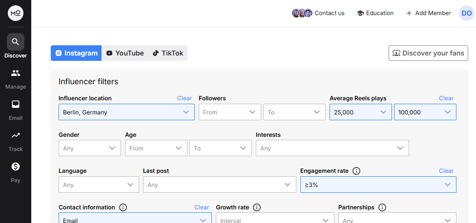 Screenshot of Modash's influencer discovery dashboard