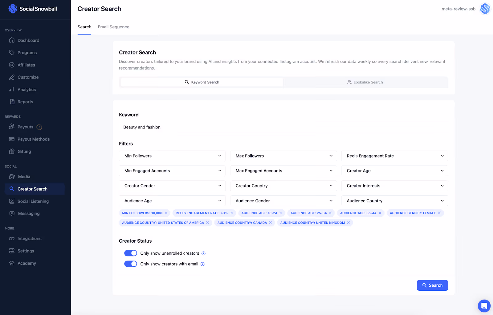 Creator Search keyword-based search to find the right affiliates