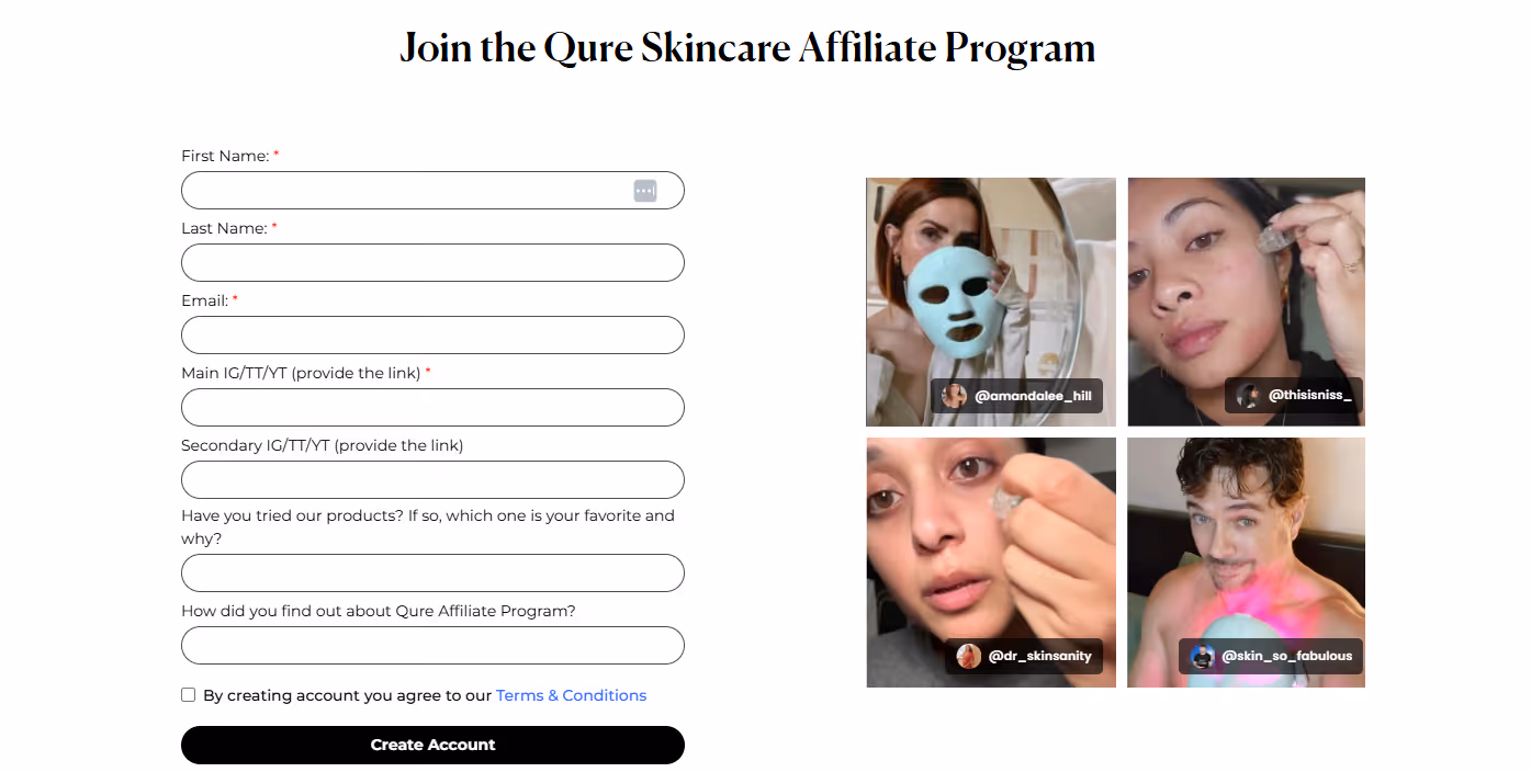 Qure's signup form for their affiliate program