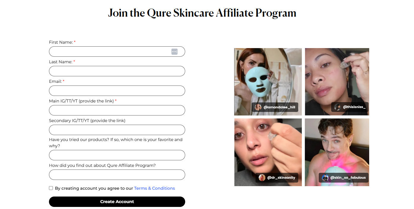 Qure's signup form for their affiliate program