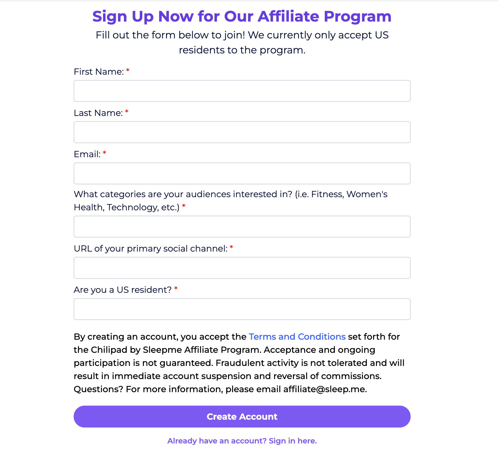 Sleep.me's affiliate program sign-up page
