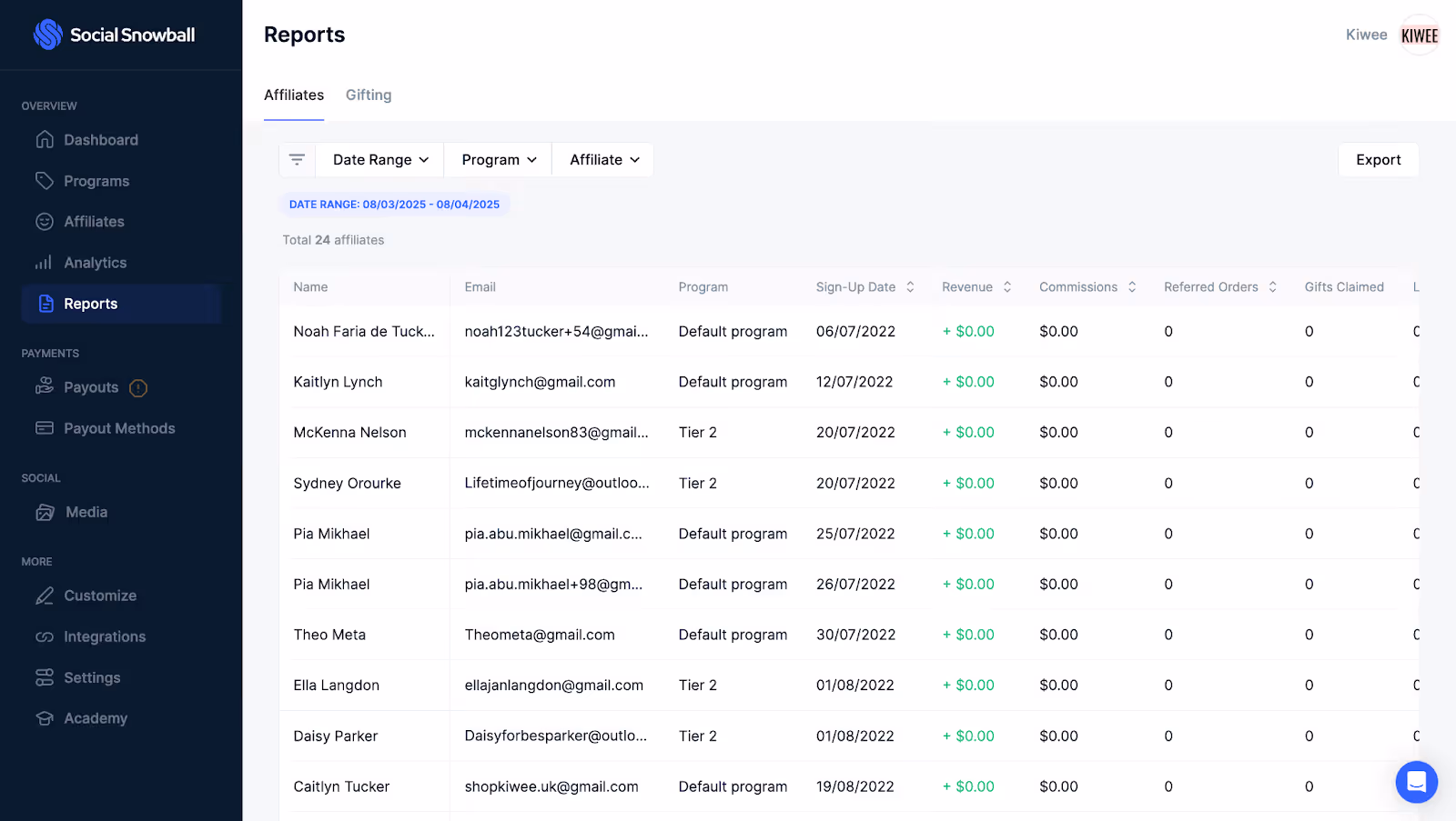 Shopify affiliate app Social Snowball dashboard