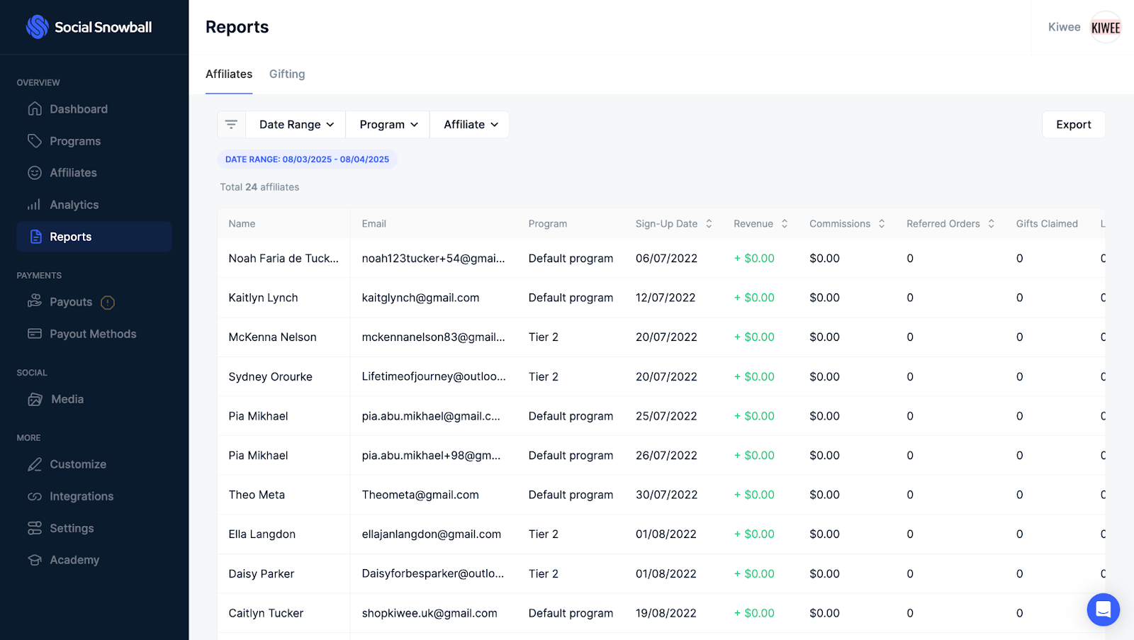 Shopify affiliate app Social Snowball dashboard