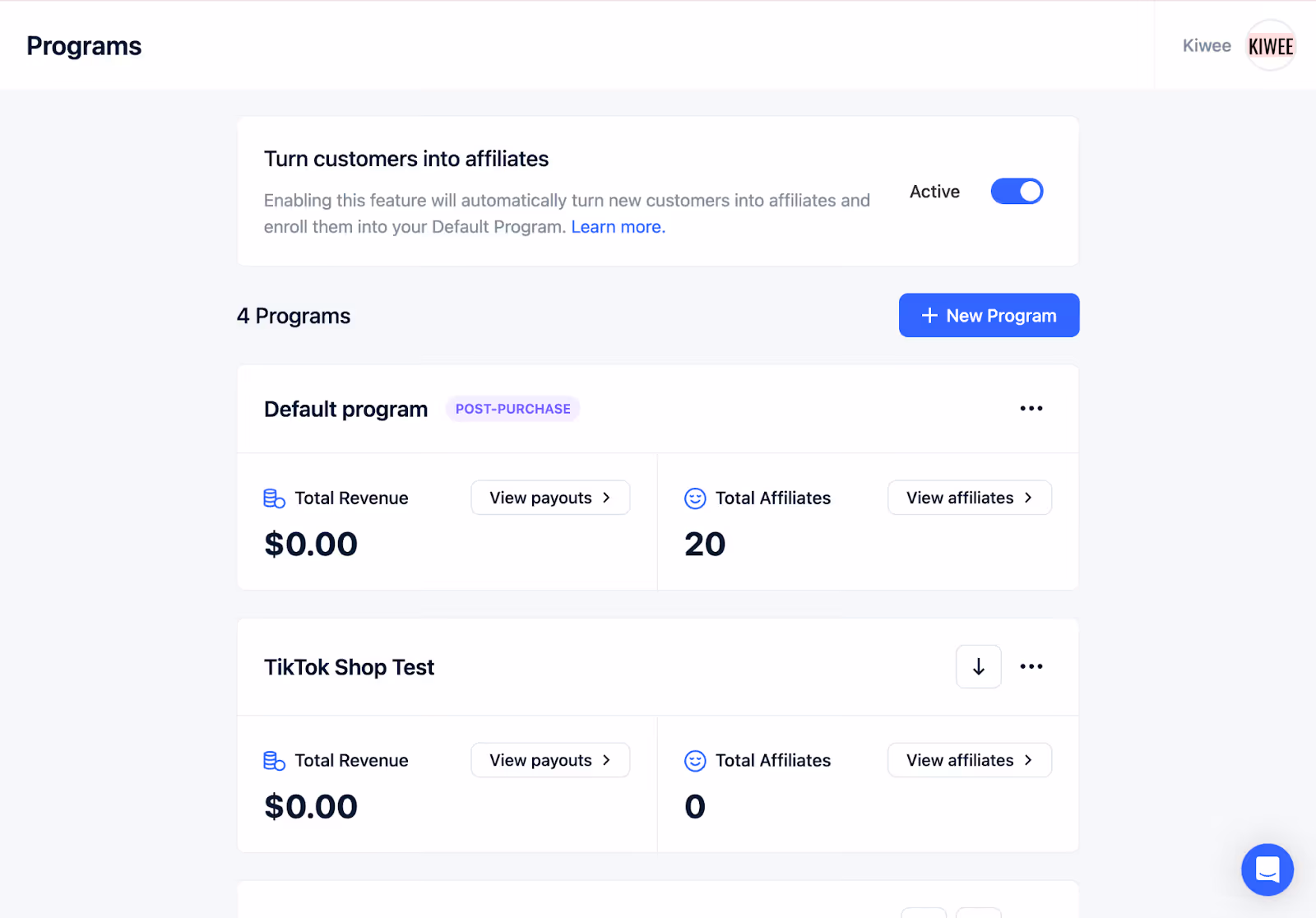Social Snowball dashboard where you can manage multiple programs, including customer referrals