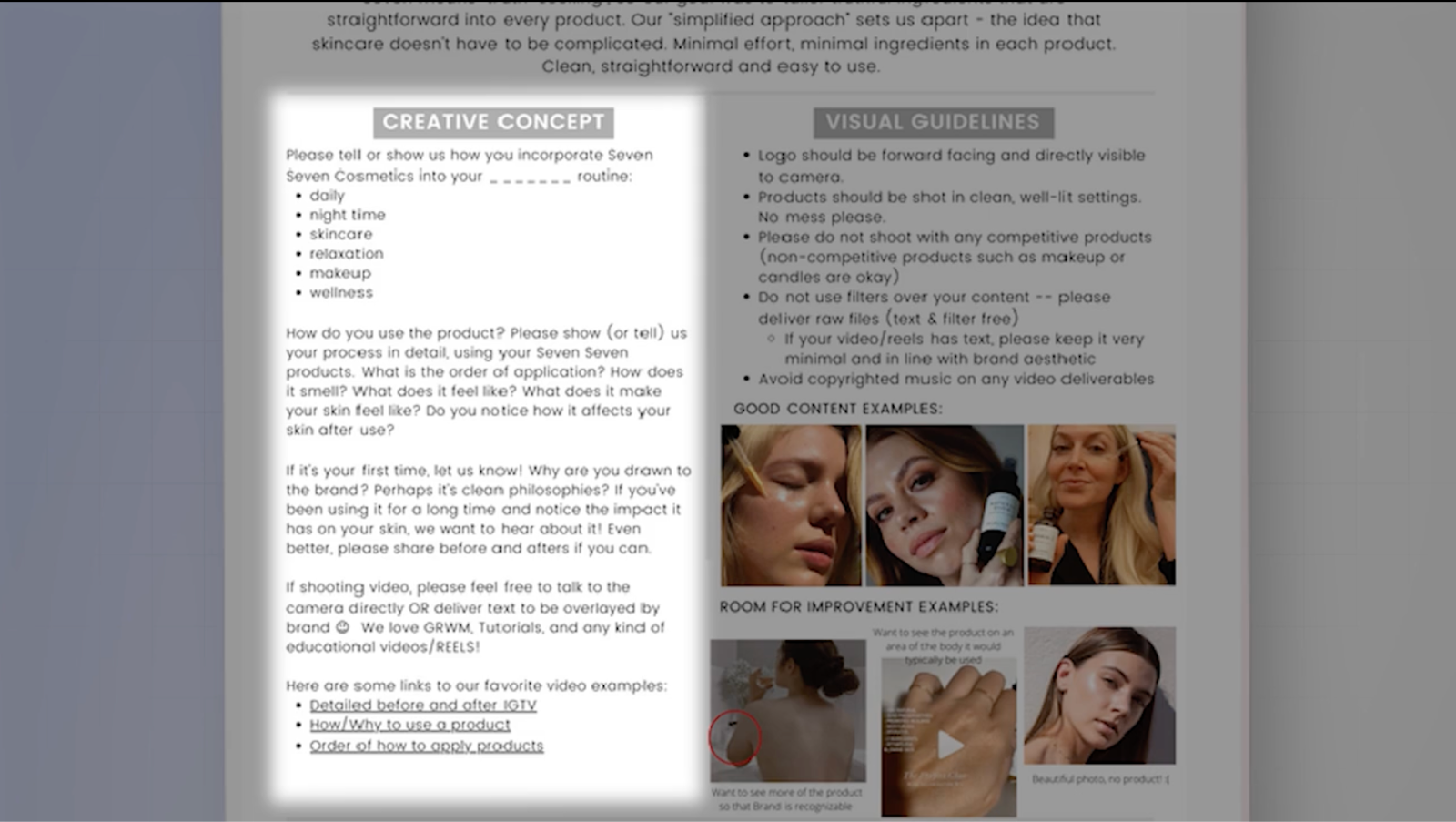 Influencer campaign brief showing creative concept instructions and visual content guidelines for creators.