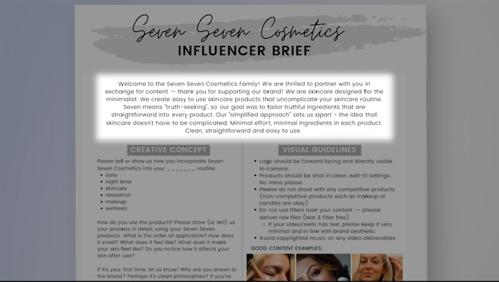Example of a one-page influencer brief outlining brand overview, creative concept, and visual guidelines.