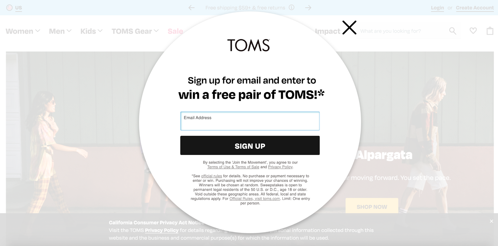 TOMS popup offering a free pair of shoes for email signup as a reciprocity marketing example