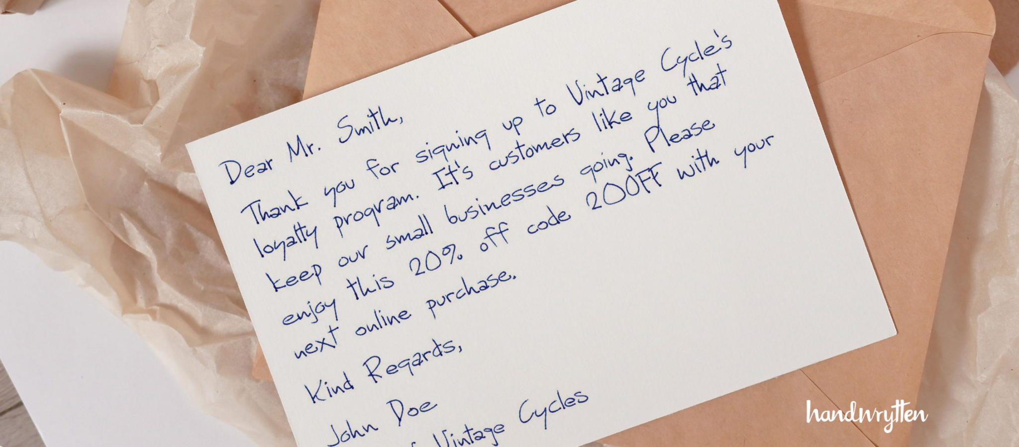 Handwritten thank-you note included in an ecommerce order to create a personalized customer experience