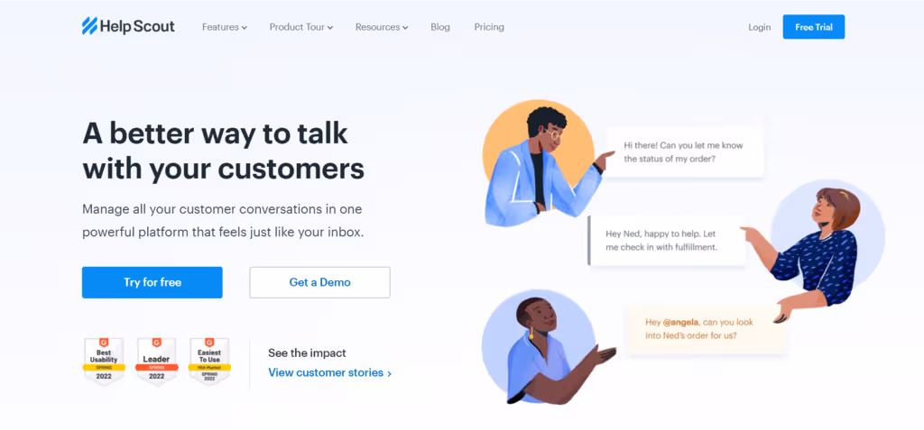 Help Scout customer service platform showing conversations between support team and customers
