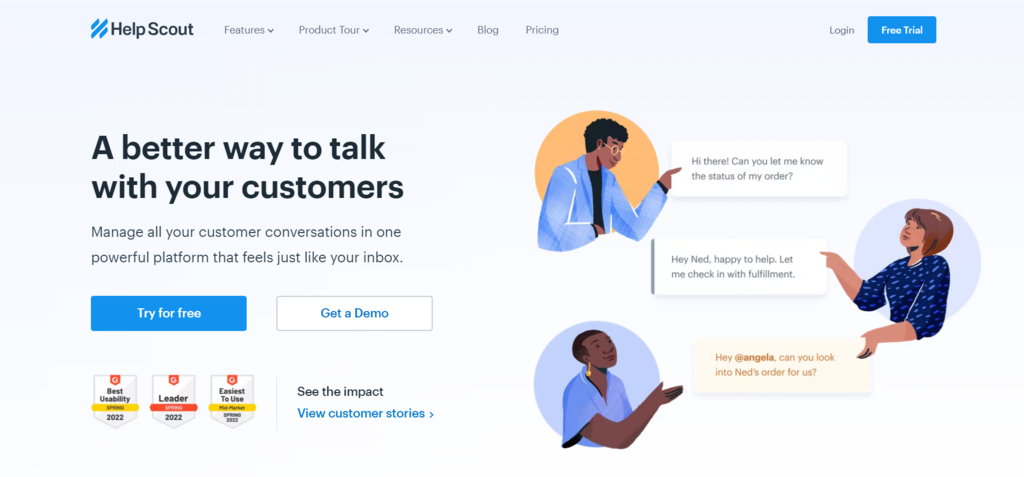 Help Scout customer service platform showing conversations between support team and customers