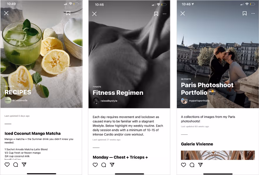 Lifestyle and educational content examples including recipes, fitness routines, and photography posts