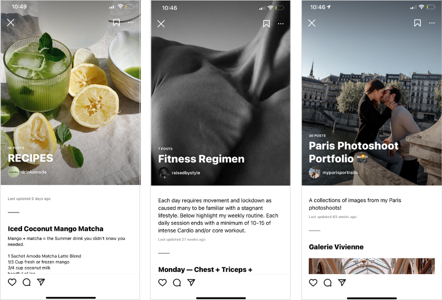 Lifestyle and educational content examples including recipes, fitness routines, and photography posts