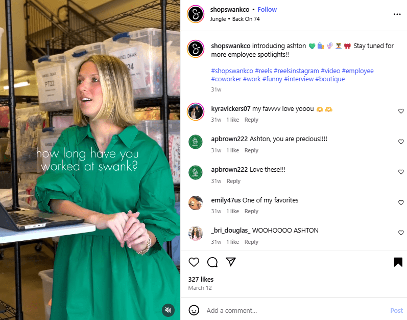 Behind-the-scenes Instagram content featuring a team member sharing the brand story